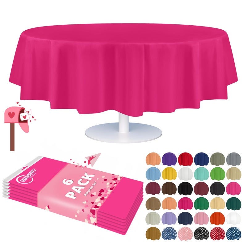 Grandipity Hot Pink Plastic Table Cloth Disposable (6 Pk) 84in Round Tablecloth Premium Party Table Cloths Disposable - Perfect Table Cloth Round Cover for Any Table Up to 6 Feet - Image 1